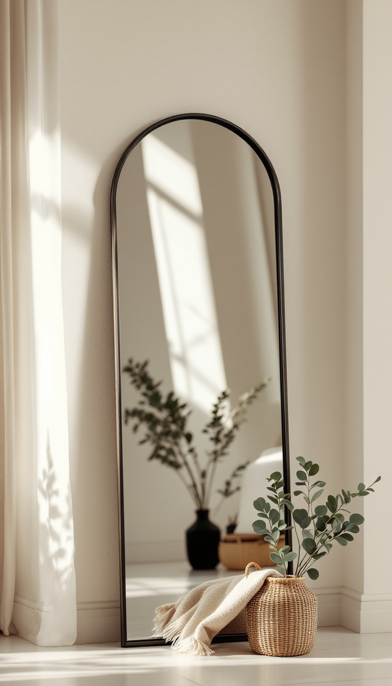Gold arched wall mirror in a minimal bedroom
