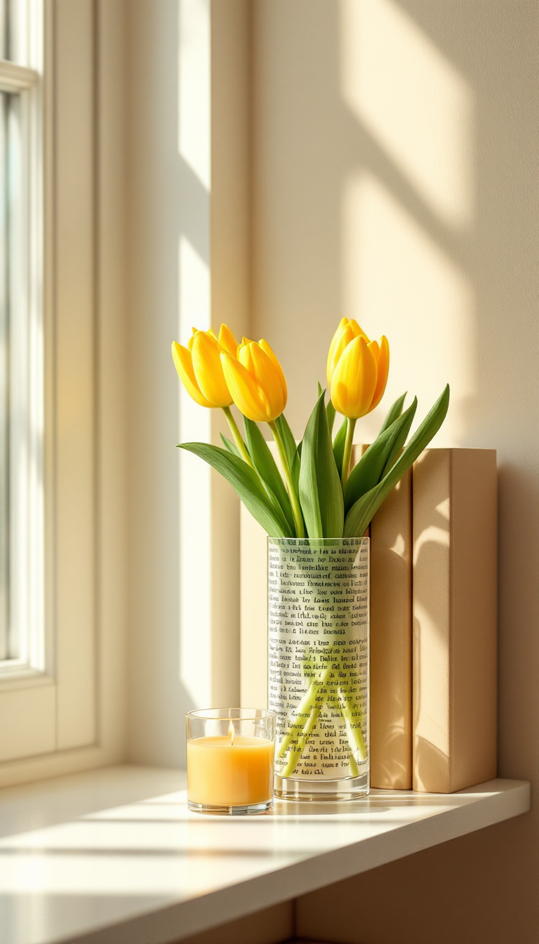 Book-shaped acrylic vase with flowers on a bookshelf