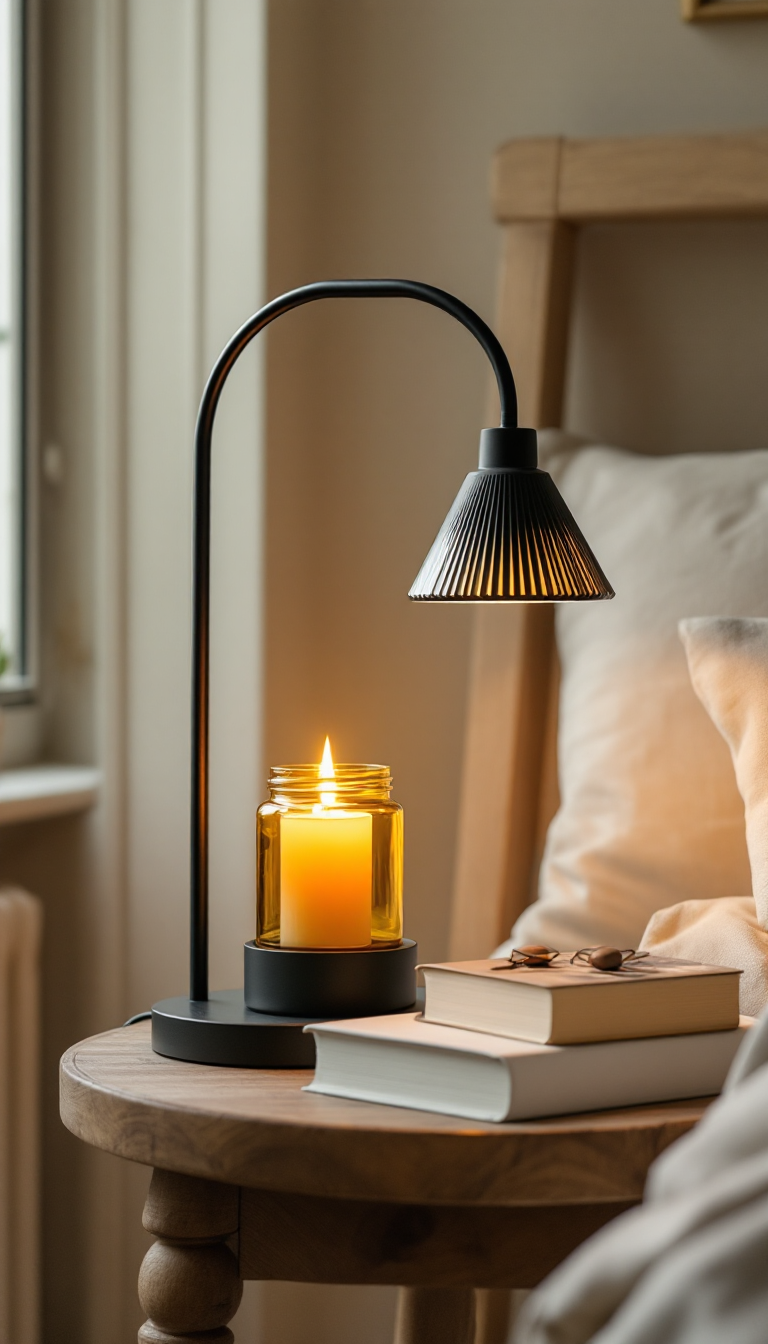Candle warmer lamp on a cozy minimal nightstand