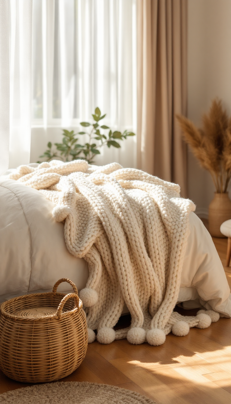 Beige chunky knit throw blanket on a minimal bed