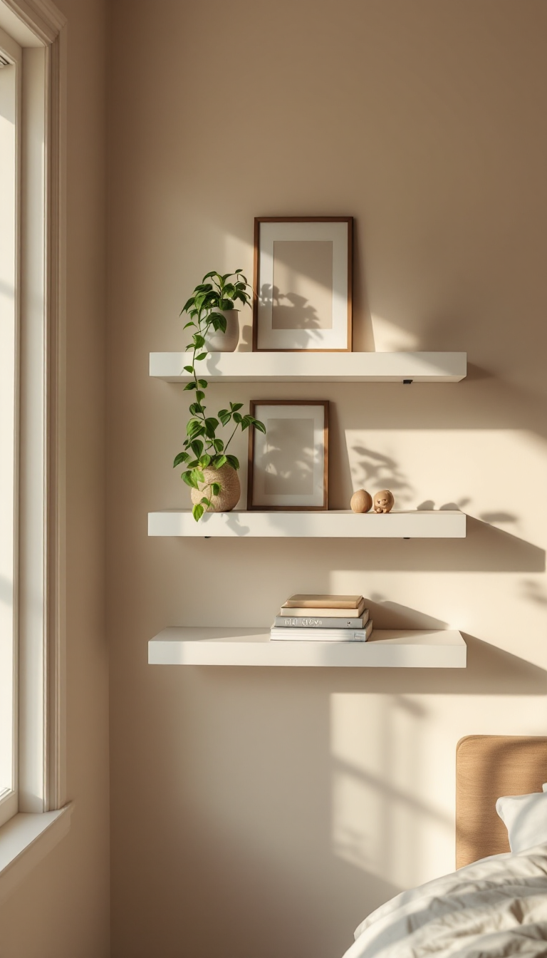 White floating shelves styled with plants and books