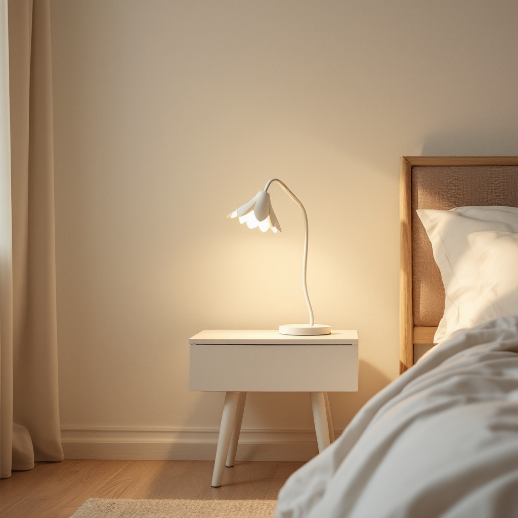 Flower table lamp glowing warm on a cozy nightstand