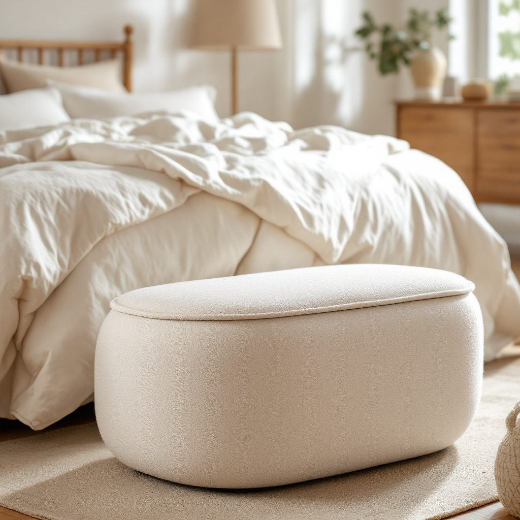 Storage ottoman at the foot of a cozy minimal bed
