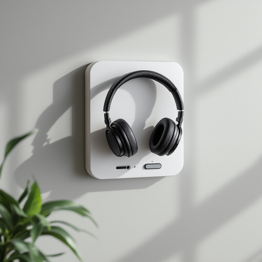 Headphone and controller wall mount on a clean gaming desk