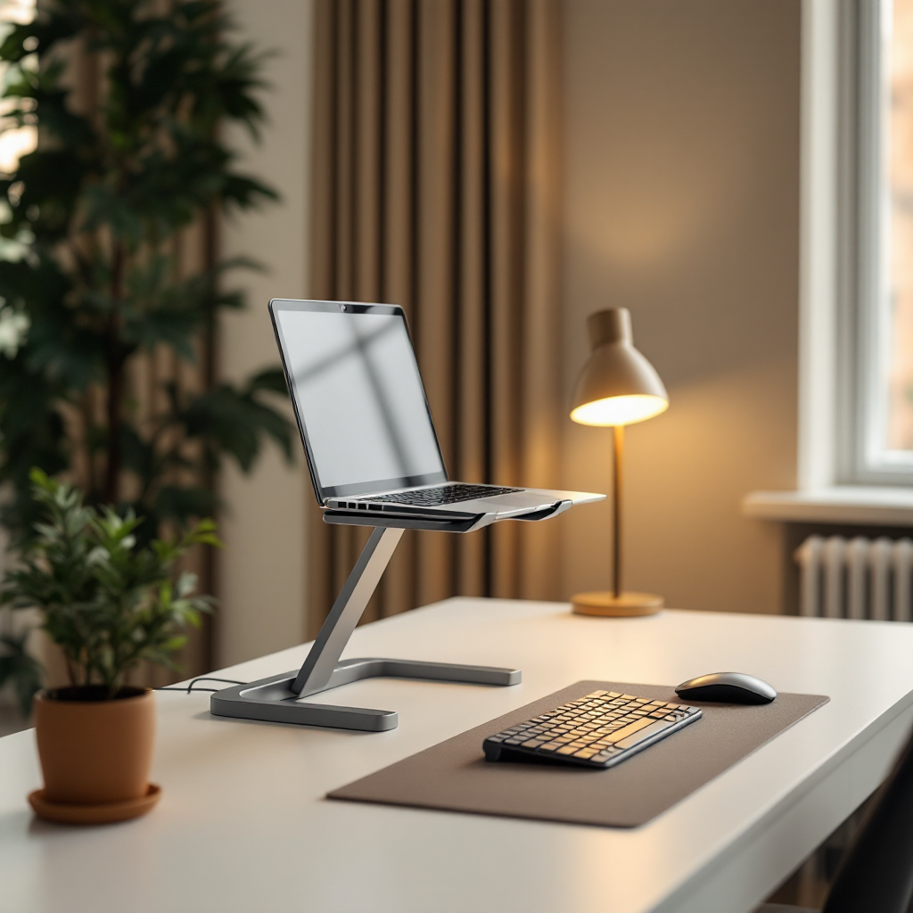 Aluminum laptop stand on a minimal desk setup