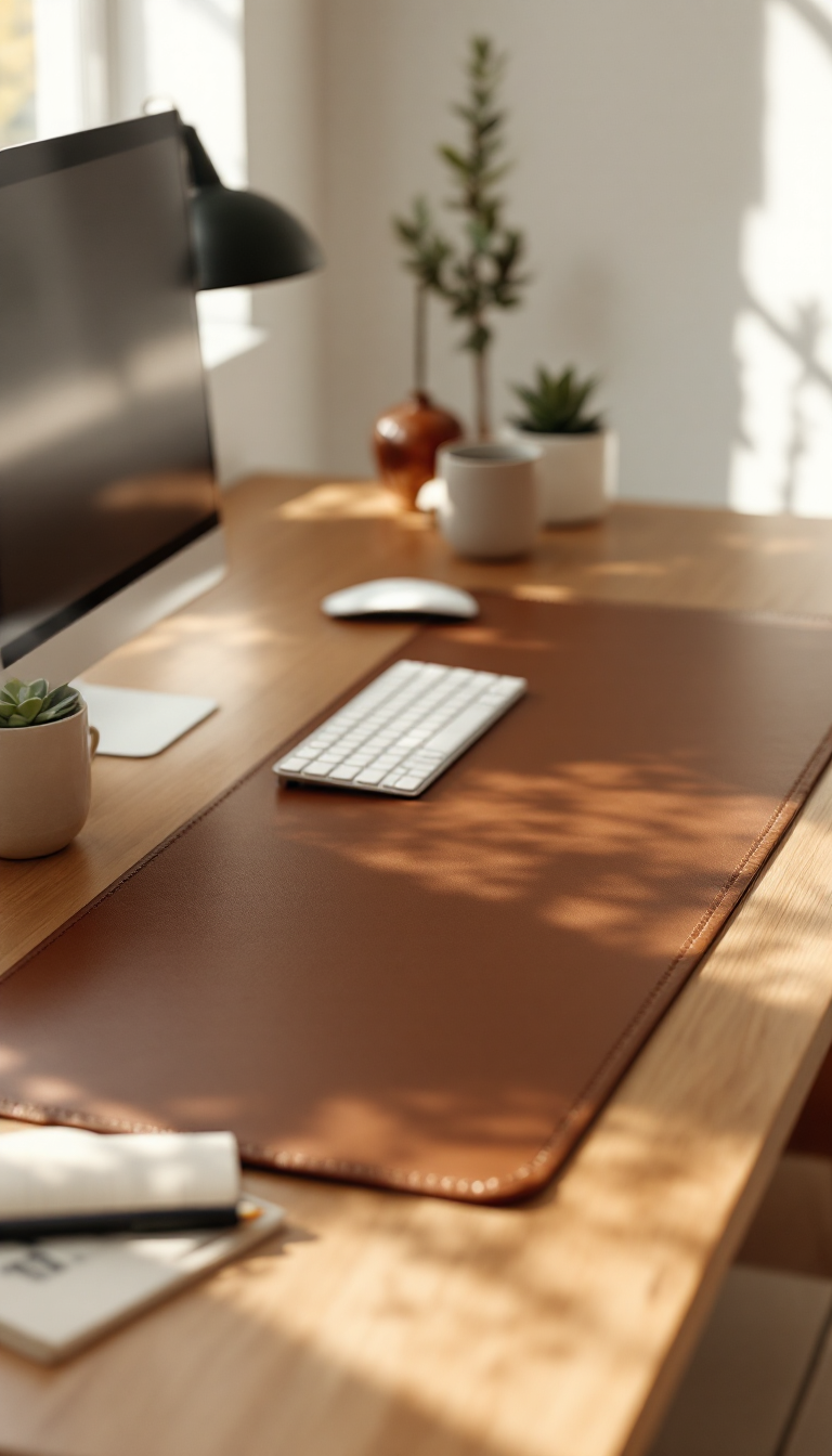 Brown leather desk pad on a clean minimal desk