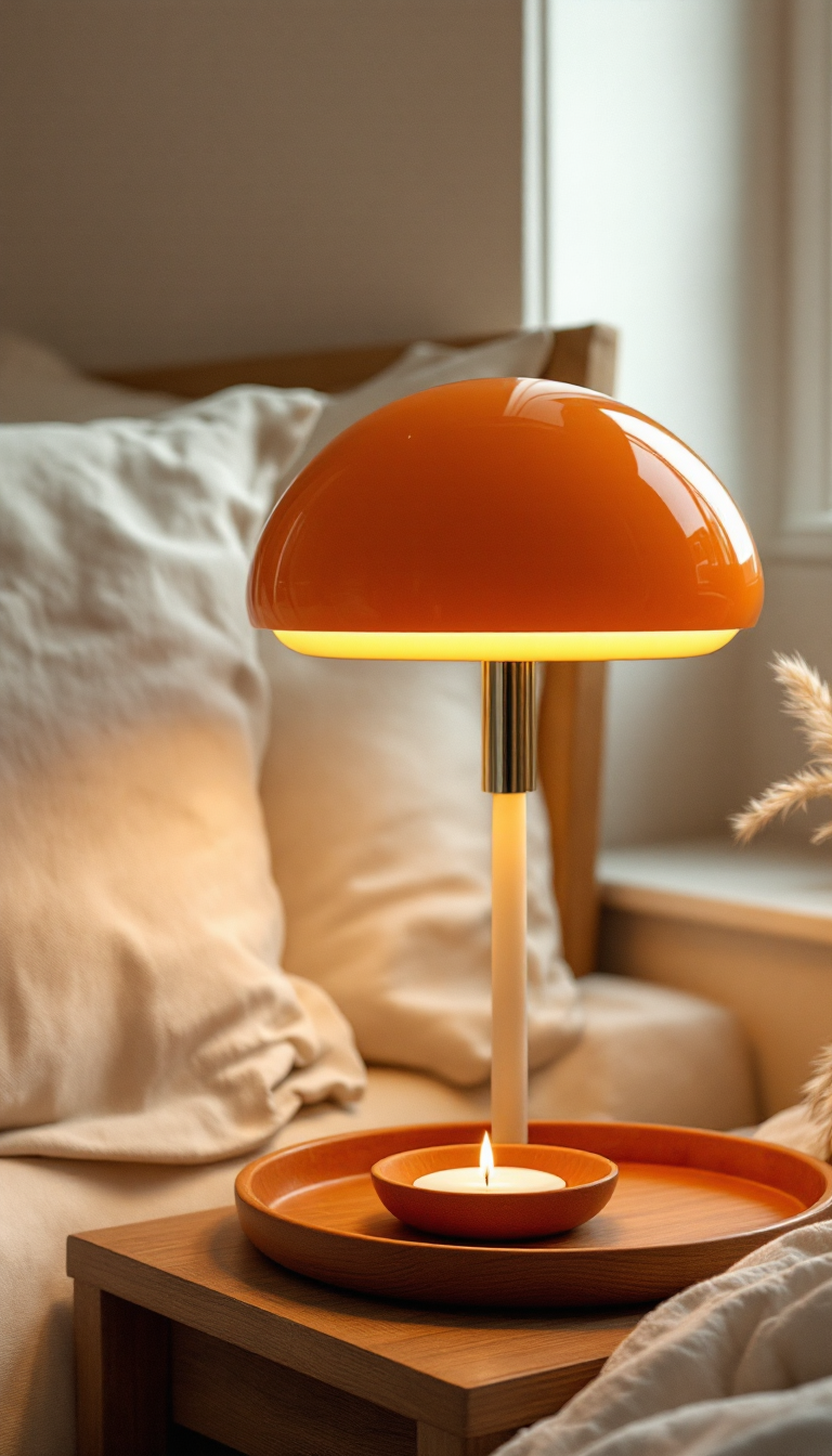 Retro orange mushroom lamp on a minimal desk