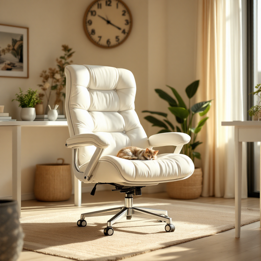 White ergonomic office chair at a minimal home office desk