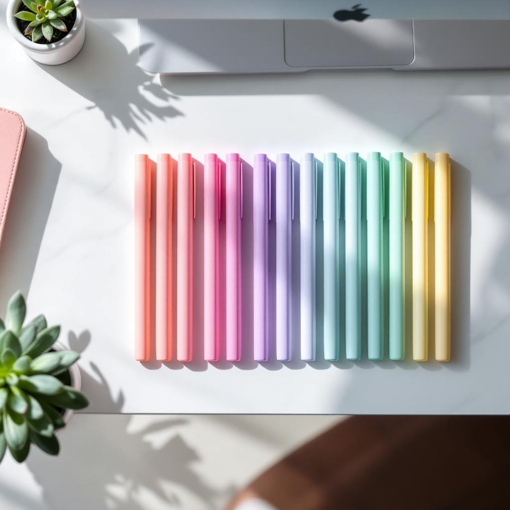 Pastel highlighters on a cozy aesthetic desk