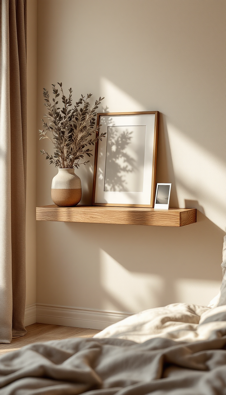 White picture ledge shelf with art and plants
