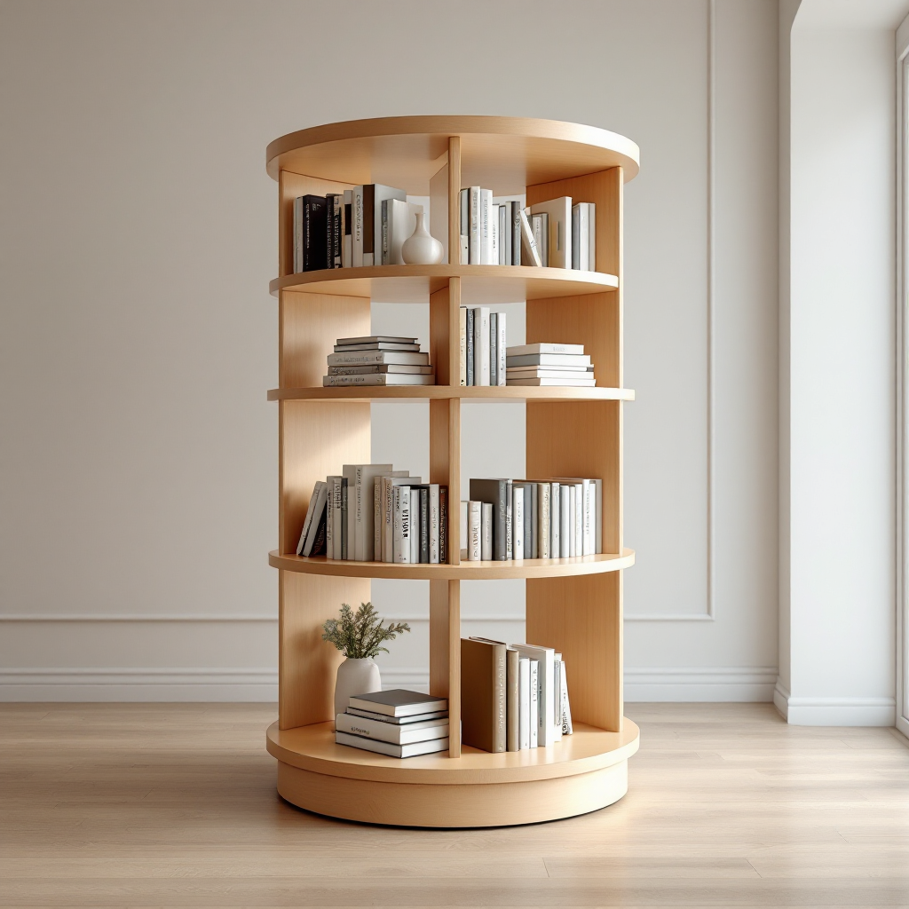 360 degree rotating bookshelf in a cozy minimal kids room