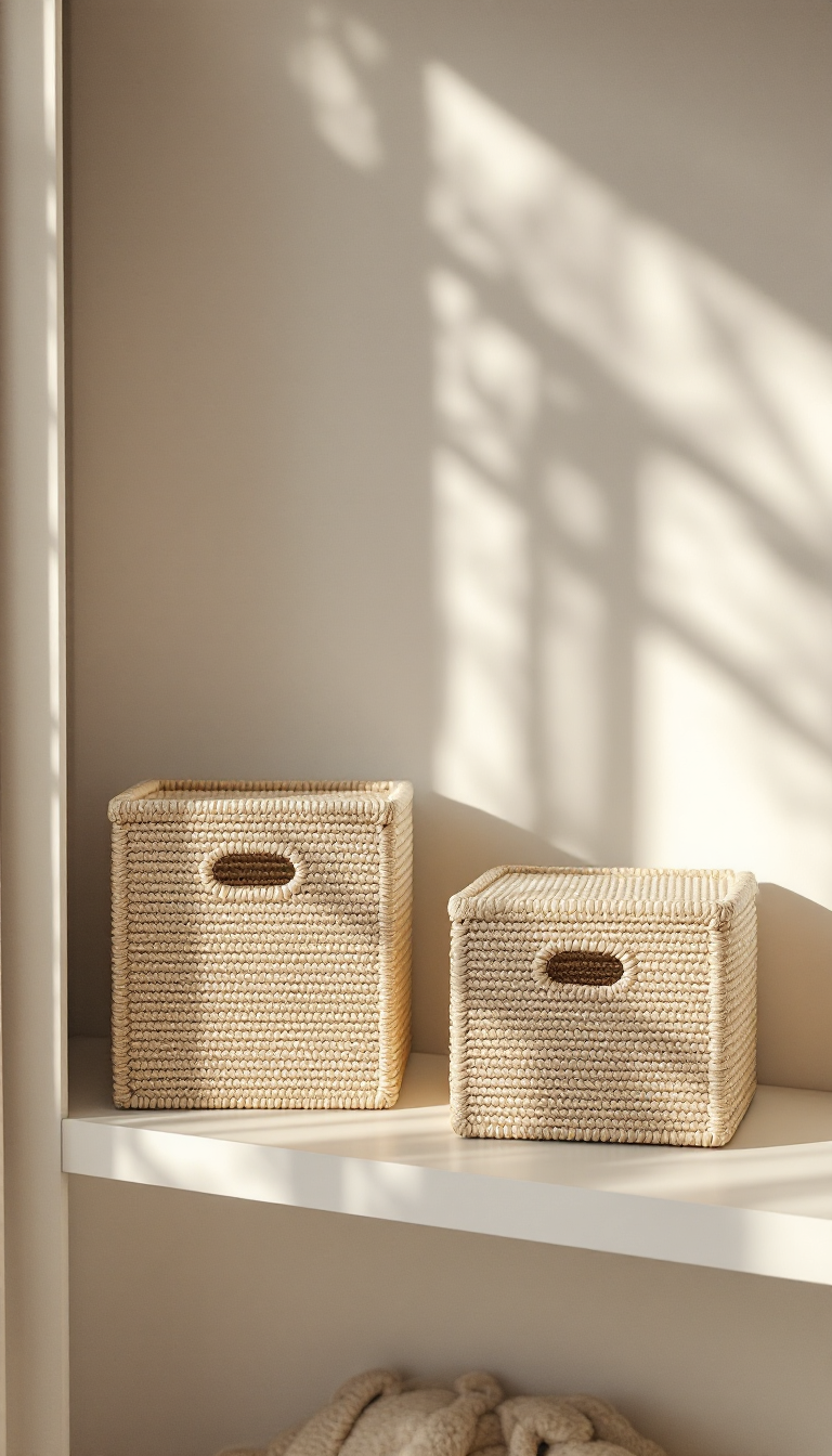 Woven seagrass storage baskets on a shelf