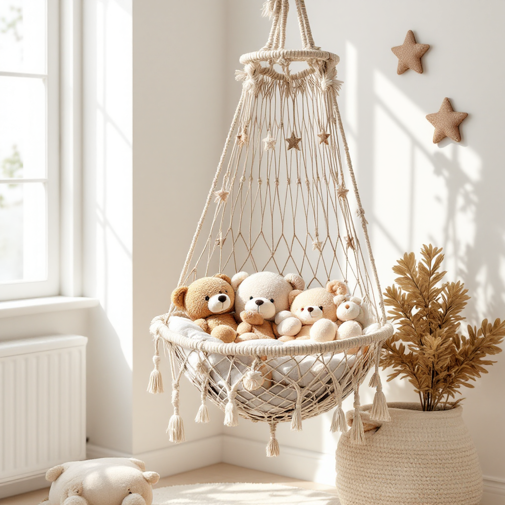Stuffed animal hammock in corner of minimal nursery