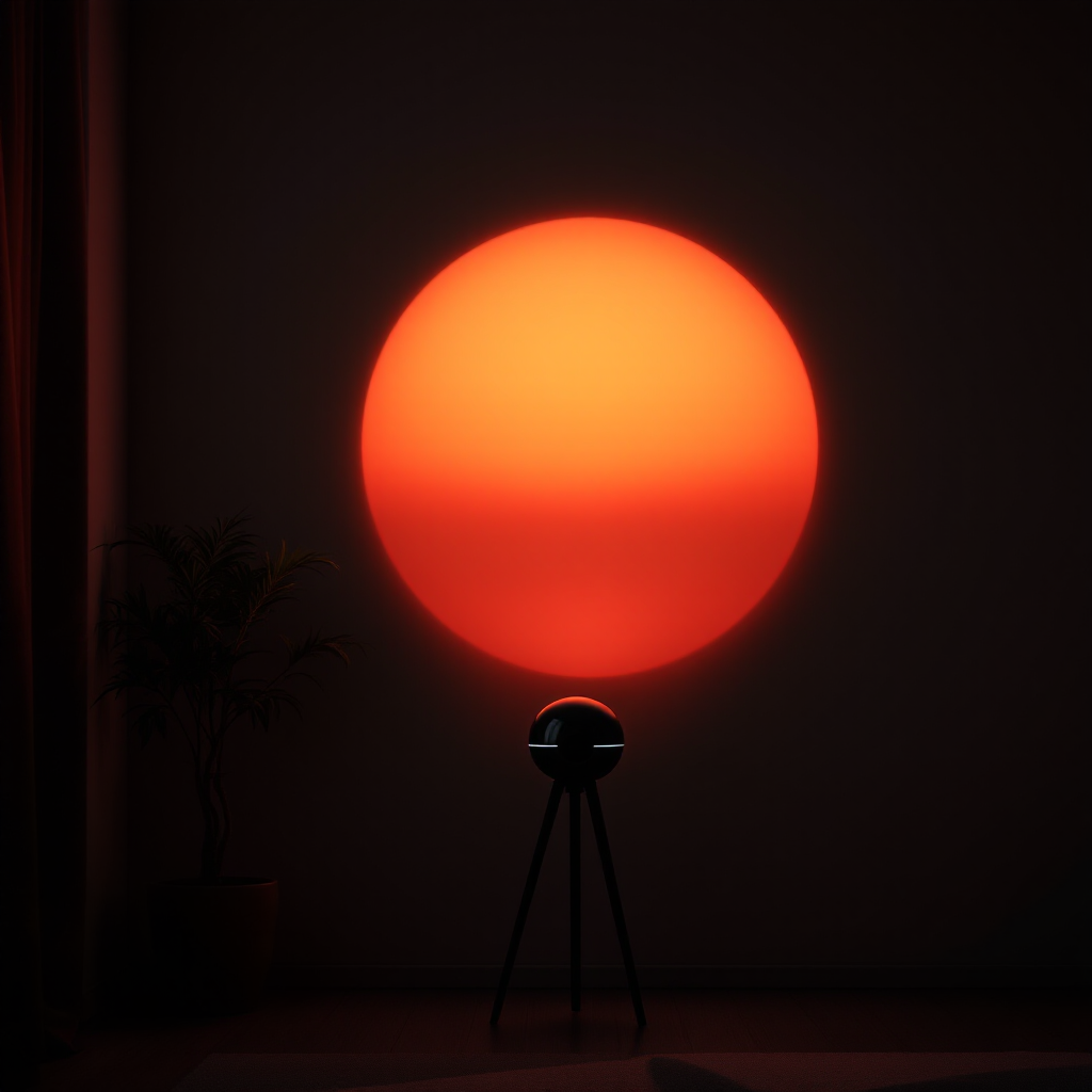 Sunset projection lamp casting warm golden light across a cozy bedroom