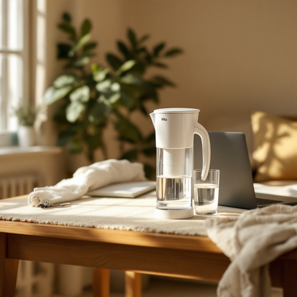 Brita water filter pitcher on a dorm room desk