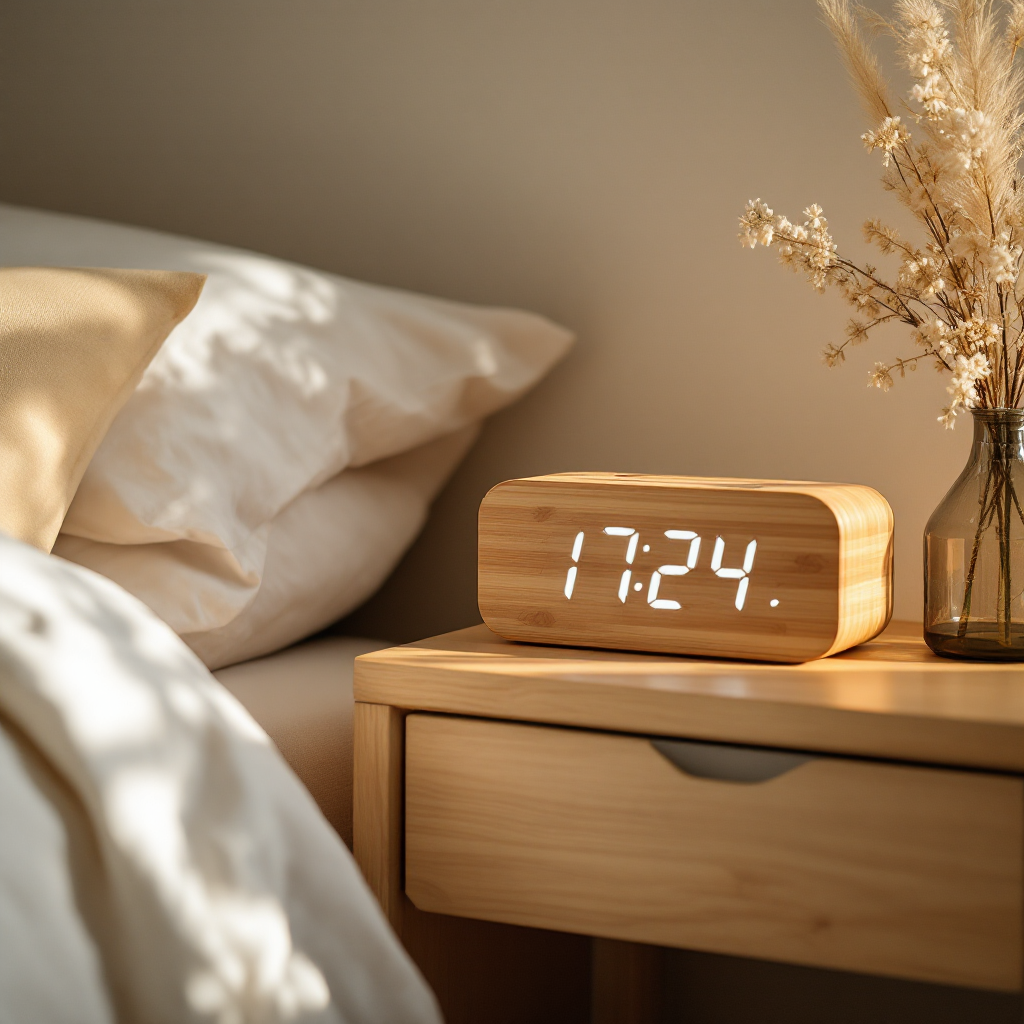 Bamboo wood LED alarm clock on a cozy minimal nightstand