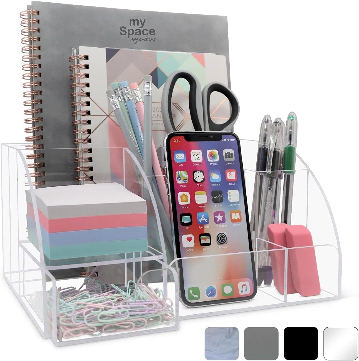 Clear acrylic desk organizer with multiple compartments