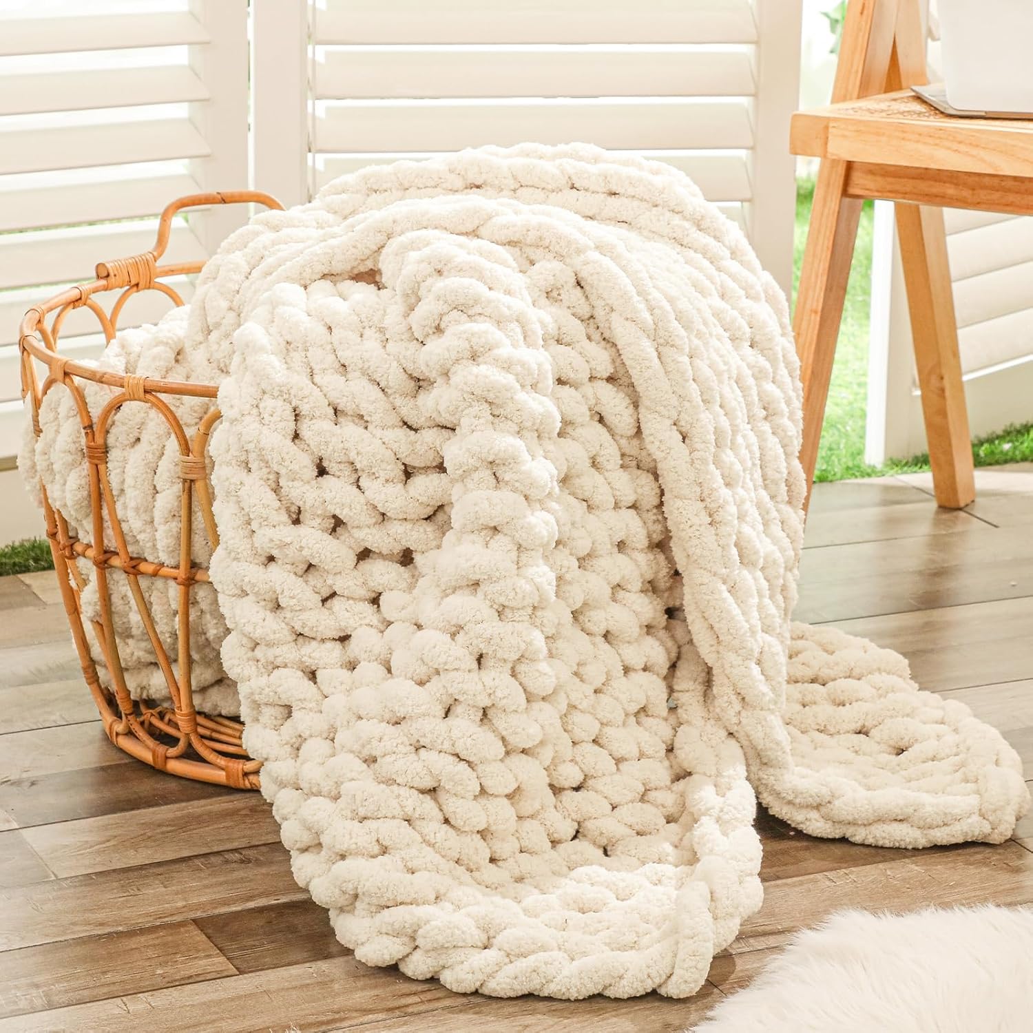 Ivory chunky knit throw blanket with large open loops
