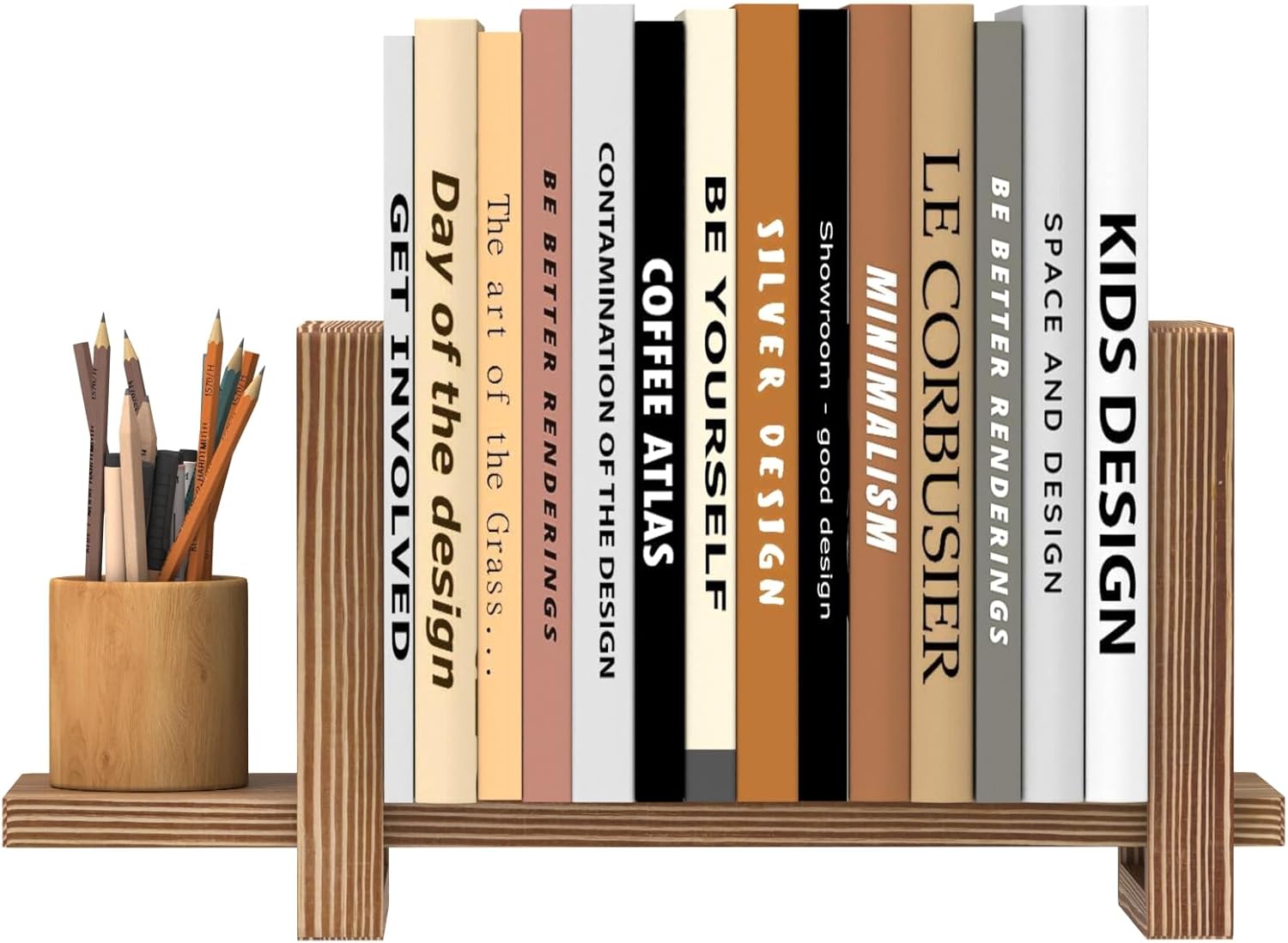 Natural wood desktop bookshelf organizer with books and pen cup
