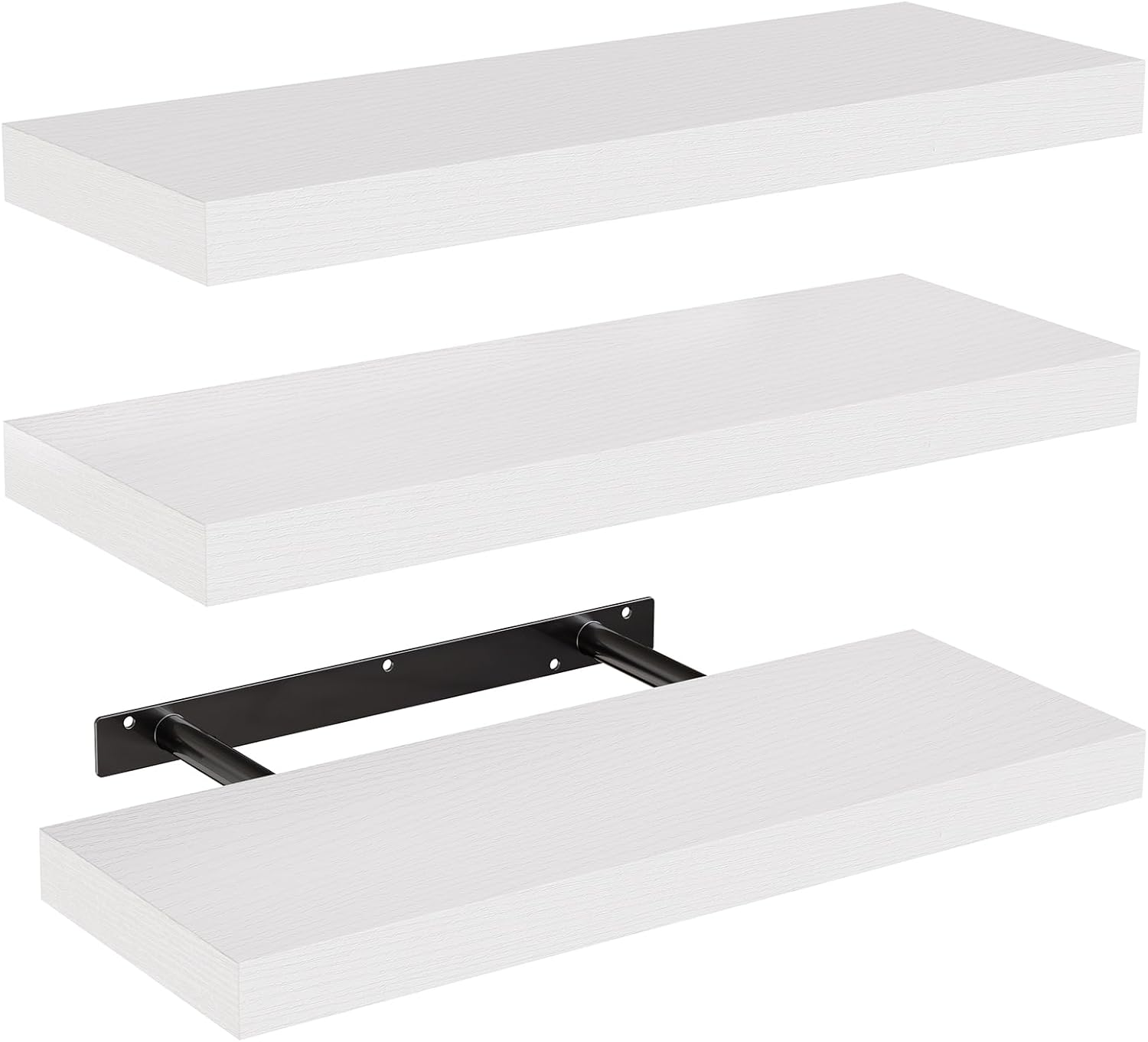 Set of 3 white floating shelves with black metal brackets