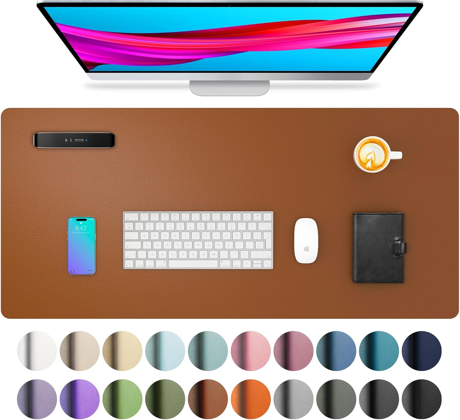 Brown leather desk pad covering a full desk surface