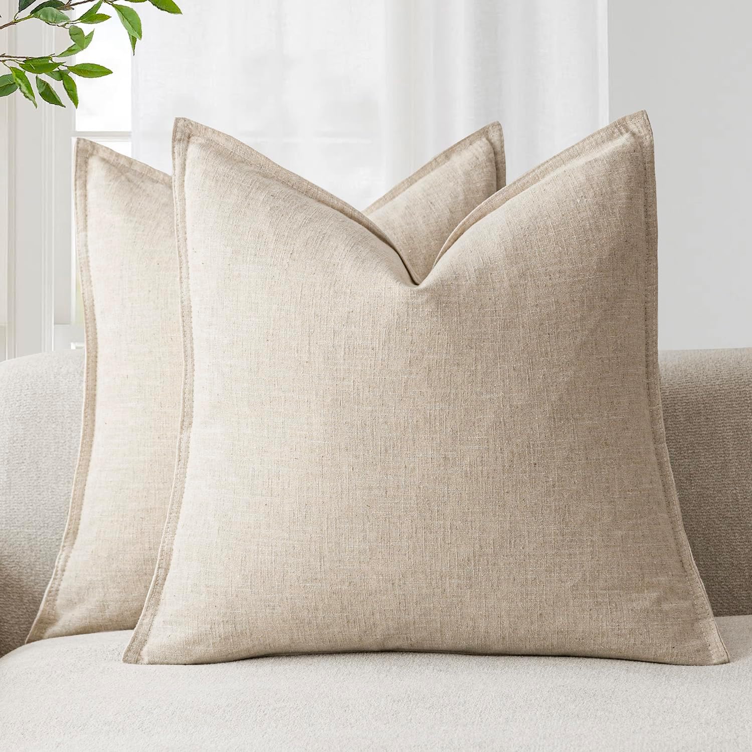 Decorative linen pillow covers in natural beige set of two