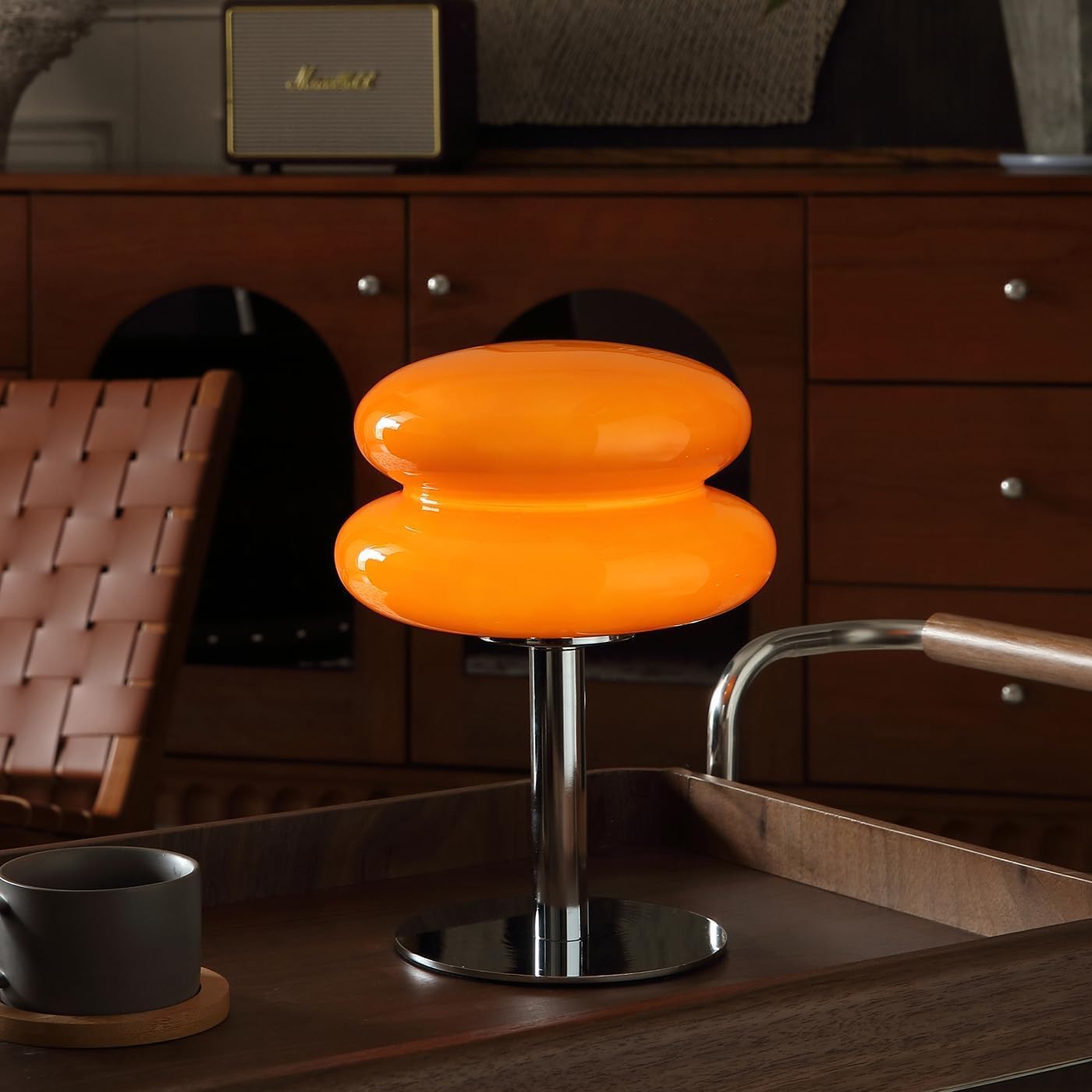 Retro orange mushroom lamp with chrome stem