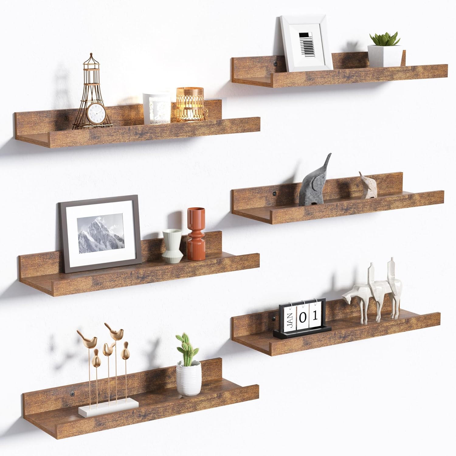 Rustic brown barnwood picture ledge shelves set of 6