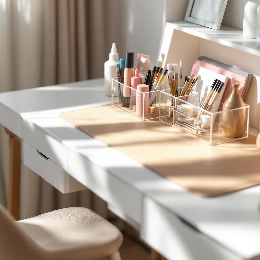 Minimal home office desk setup with warm lighting