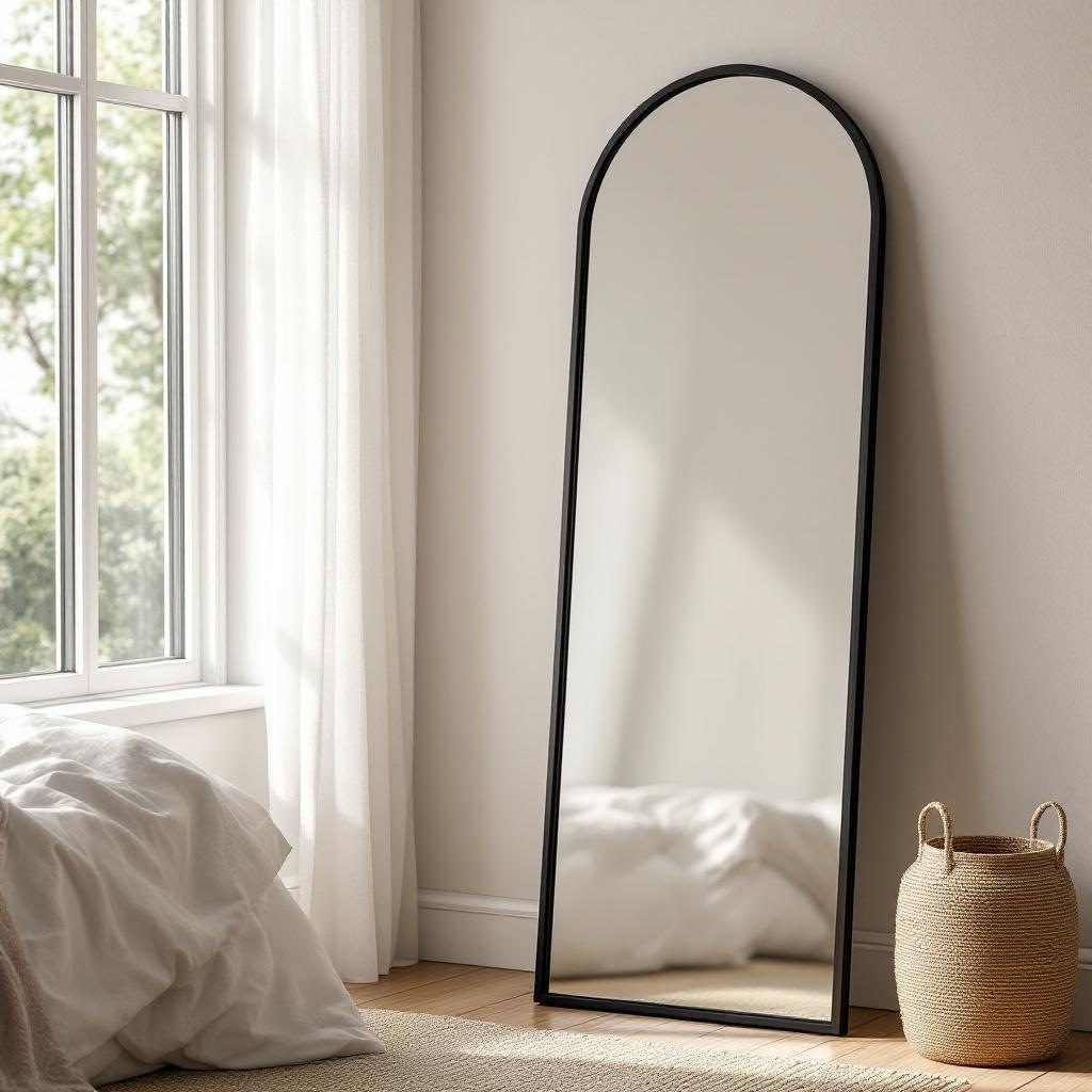Arched wall mirror in a minimal cozy bedroom