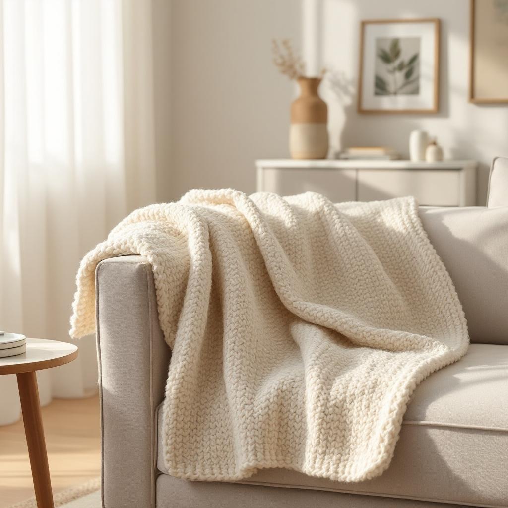 Chunky knit throw blanket draped over a cozy minimal bedroom