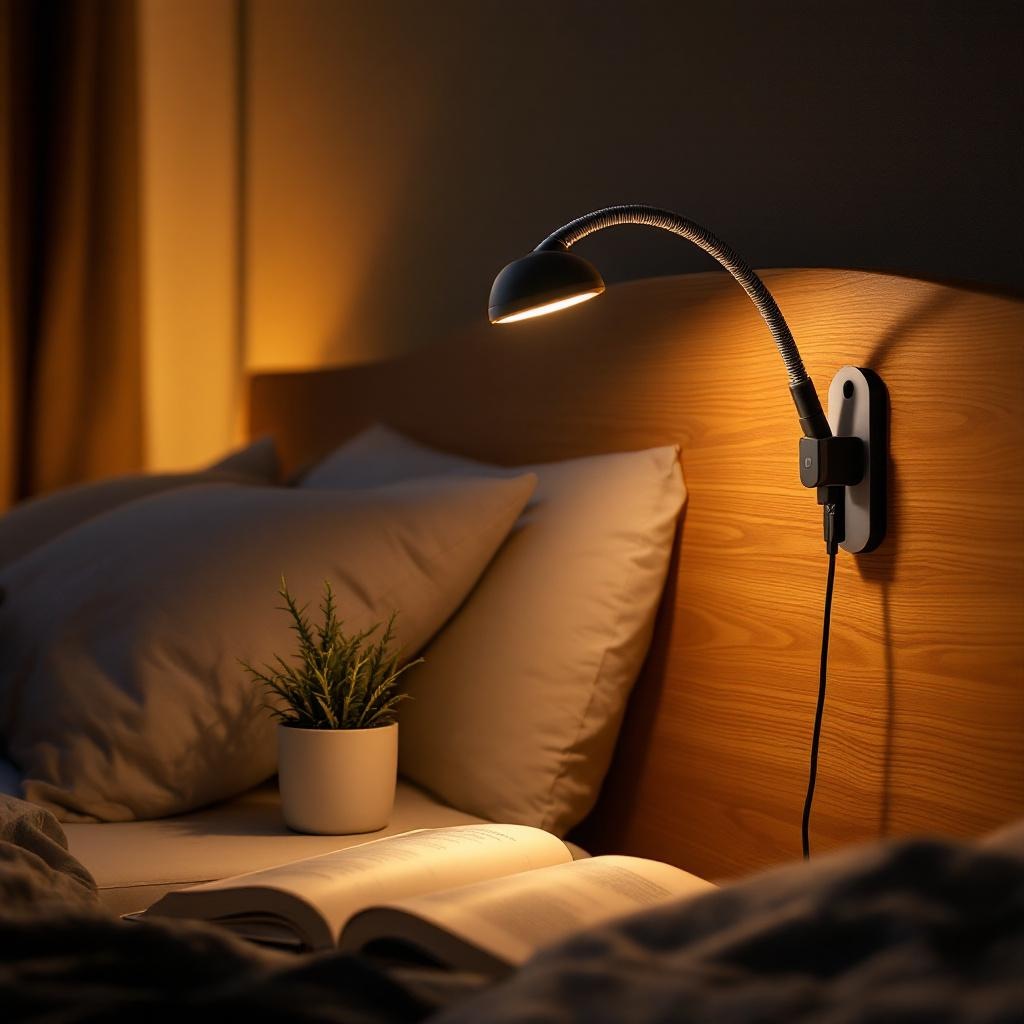 Flexible gooseneck clip-on reading light attached to a book or headboard
