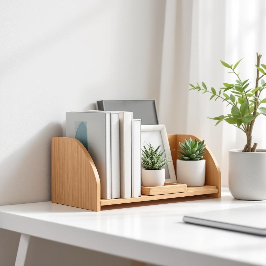 Desktop bookshelf organizer on a clean minimal desk setup