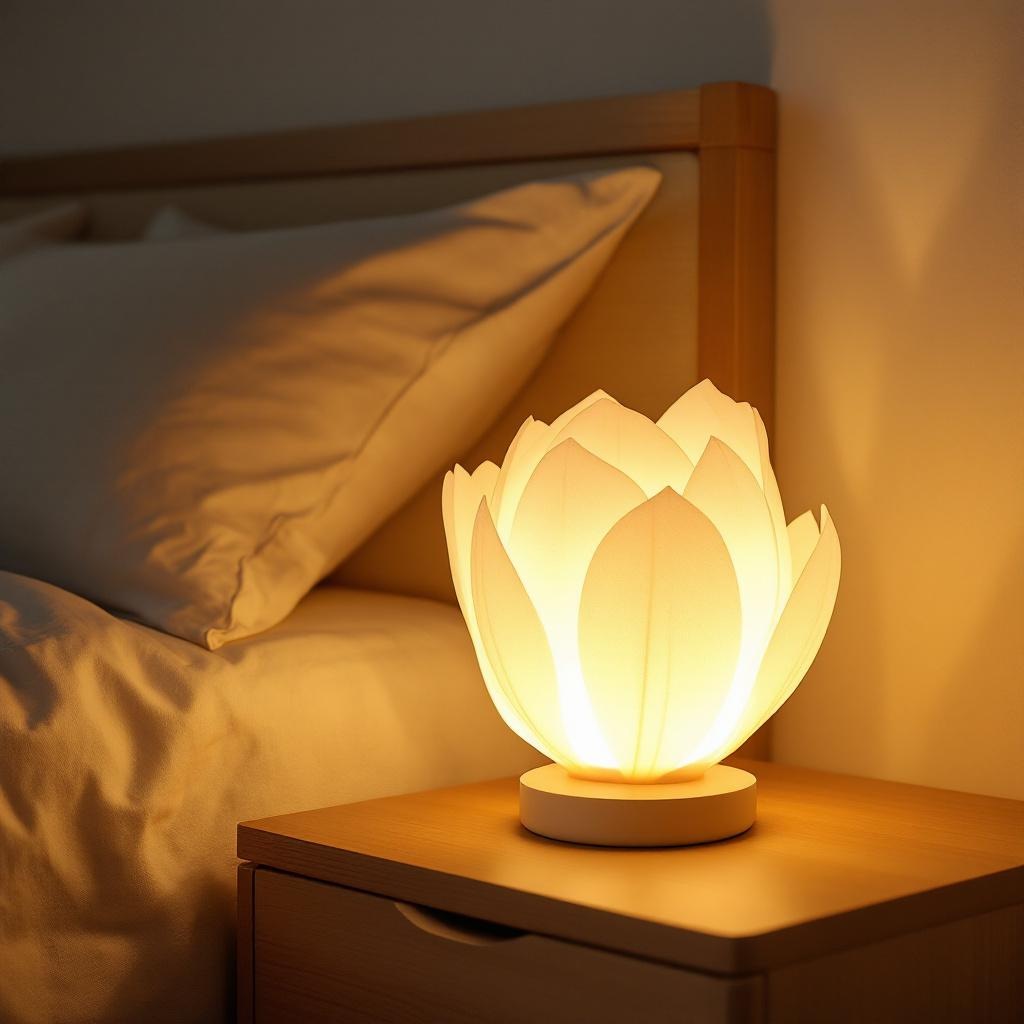 Flower table lamp glowing warm on a cozy minimal nightstand