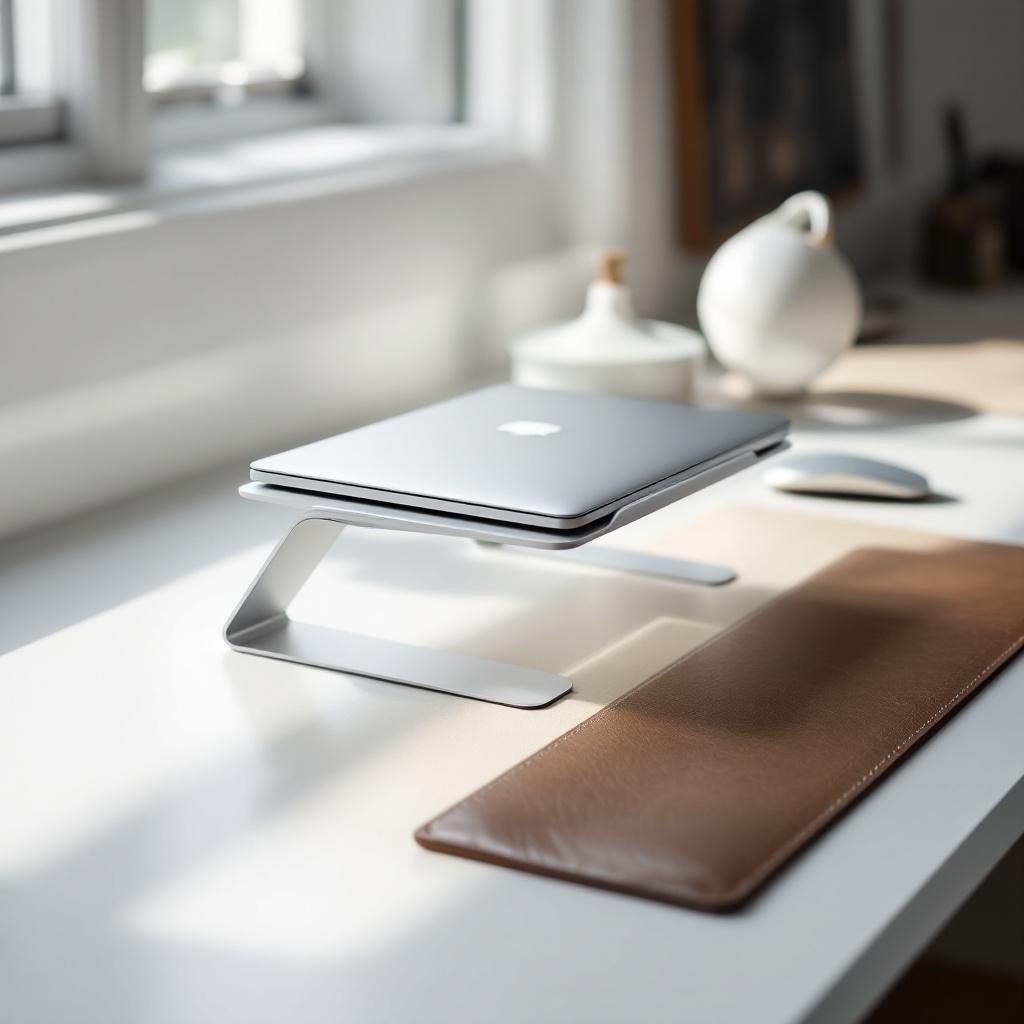 Minimal aesthetic desk setup with laptop stand