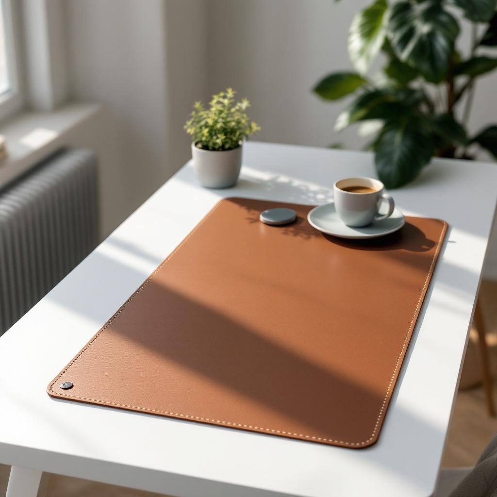 Brown leather desk pad on a clean minimal desk