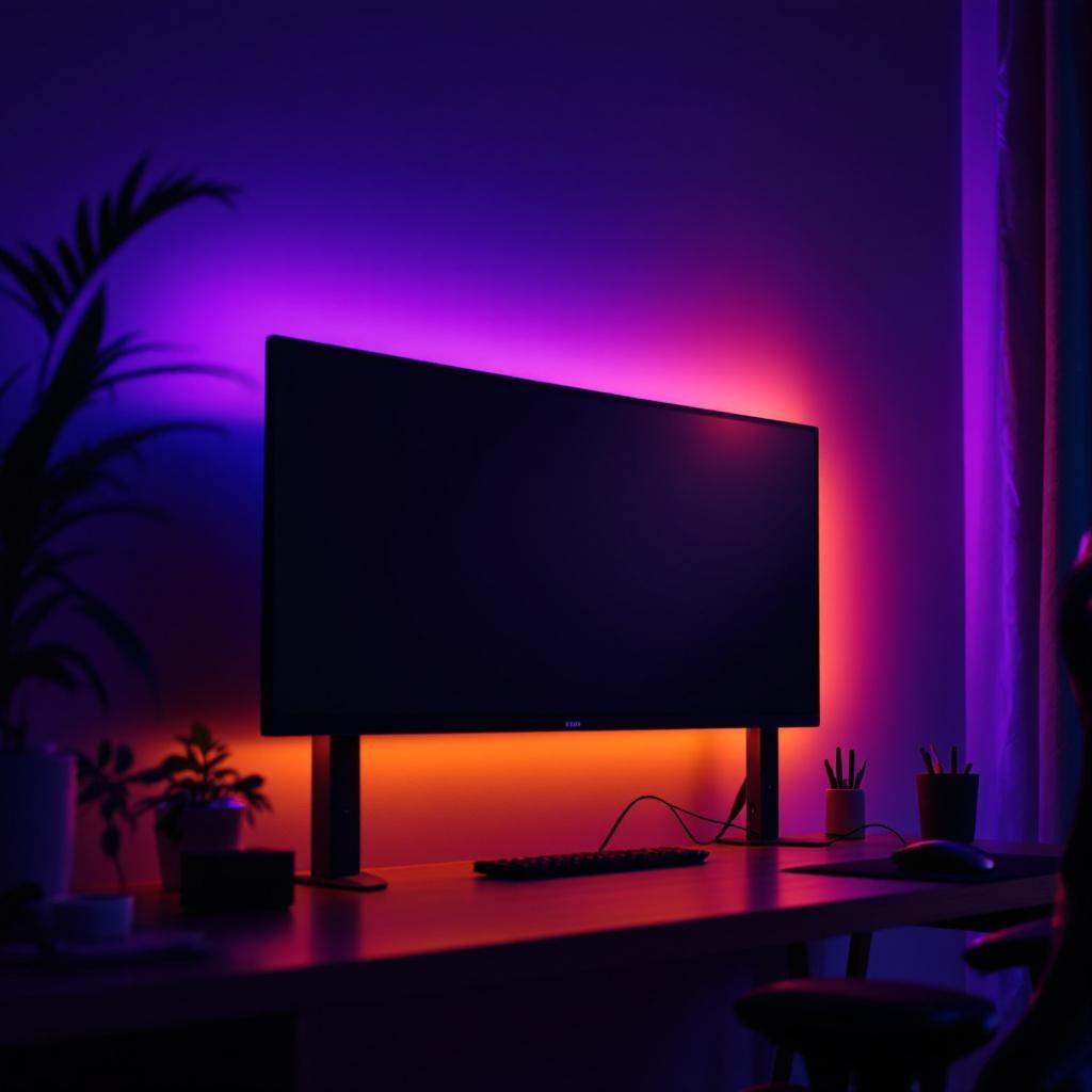 Cozy gaming desk setup with colorful LED accent lighting