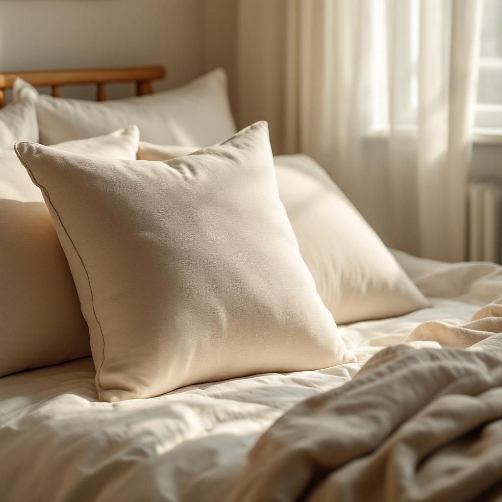Cozy minimal bedroom styled with warm lighting and linen bedding