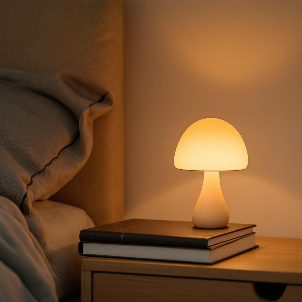 Cozy bedroom styled with Amazon finds including a retro mushroom lamp and warm lighting