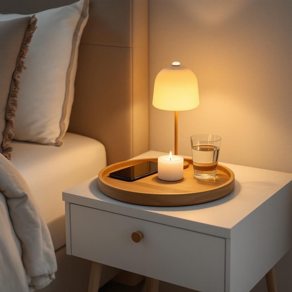 Round natural wood tray for nightstand organization