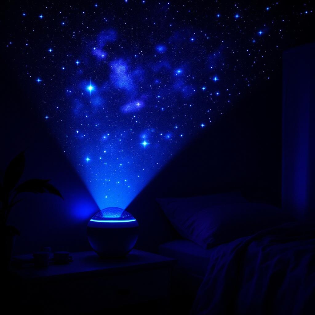 Galaxy star projector casting stars and nebula clouds on bedroom ceiling